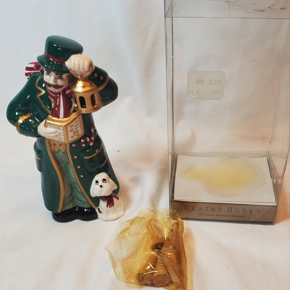 Man Caroler With Dog Vintage 1999 Claire Burke Christmas Ceramic Incense Burner